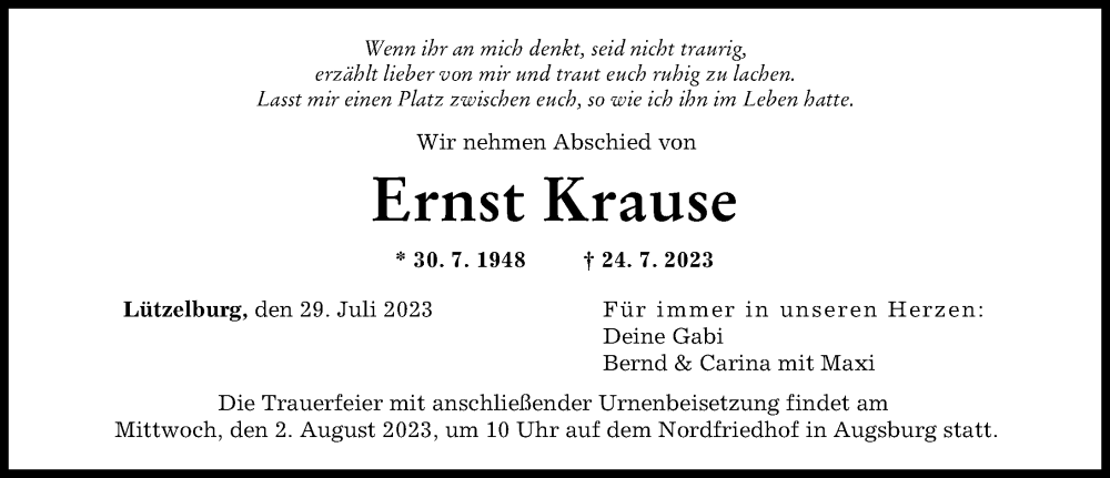 Traueranzeige von Ernst Krause von Augsburger Allgemeine