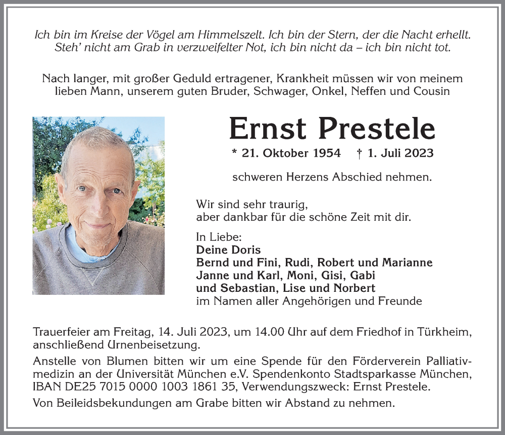  Traueranzeige für Ernst Prestele vom 11.07.2023 aus Mindelheimer Zeitung