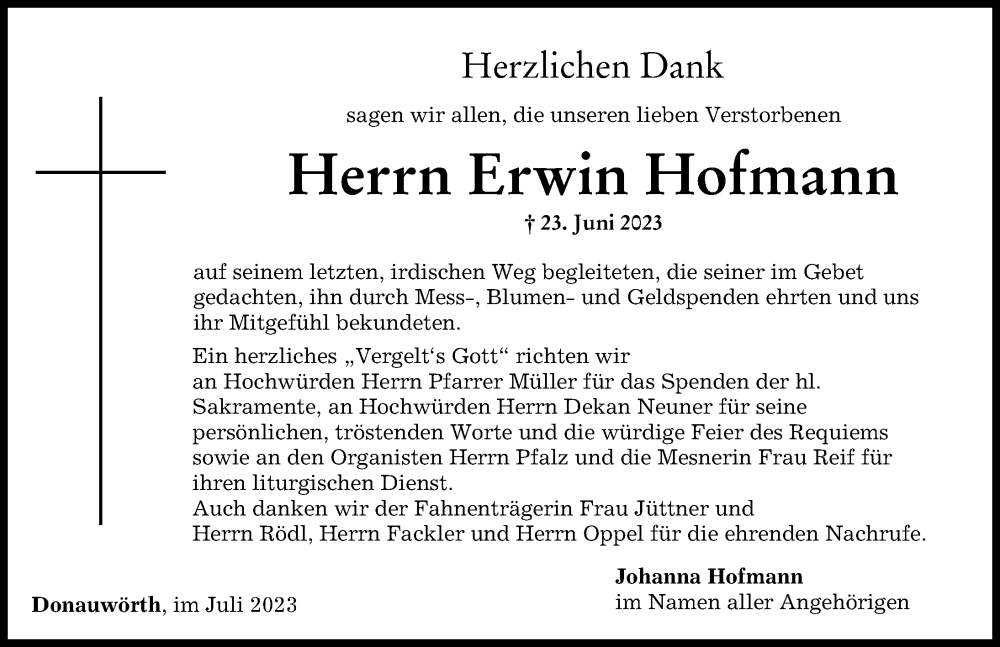 Traueranzeige von Erwin Hofmann von Donauwörther Zeitung