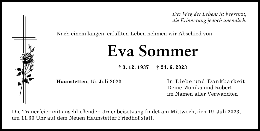 Traueranzeige von Eva Sommer von Augsburger Allgemeine