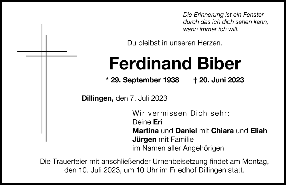 Traueranzeige von Ferdinand Biber von Donau Zeitung