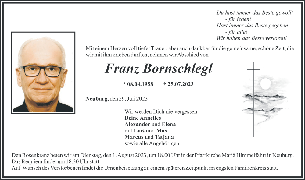 Traueranzeige von Franz Bornschlegl von Mittelschwäbische Nachrichten, Günzburger Zeitung