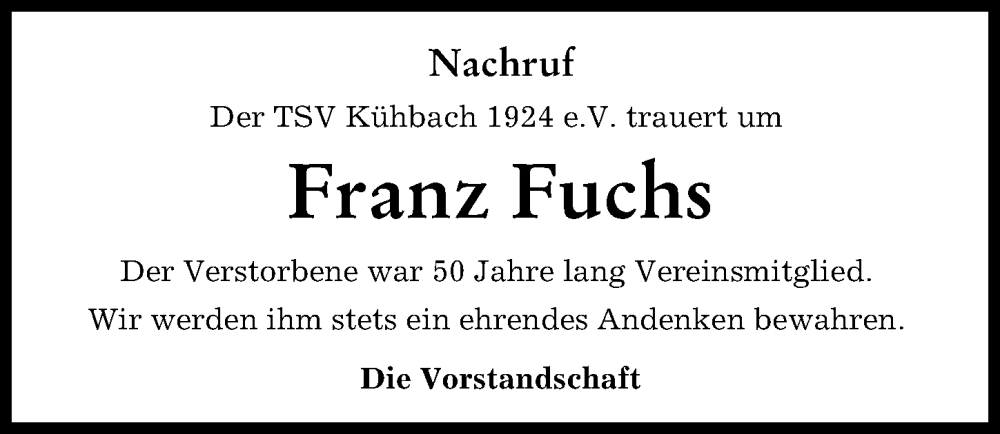 Traueranzeige von Franz Fuchs von Aichacher Nachrichten