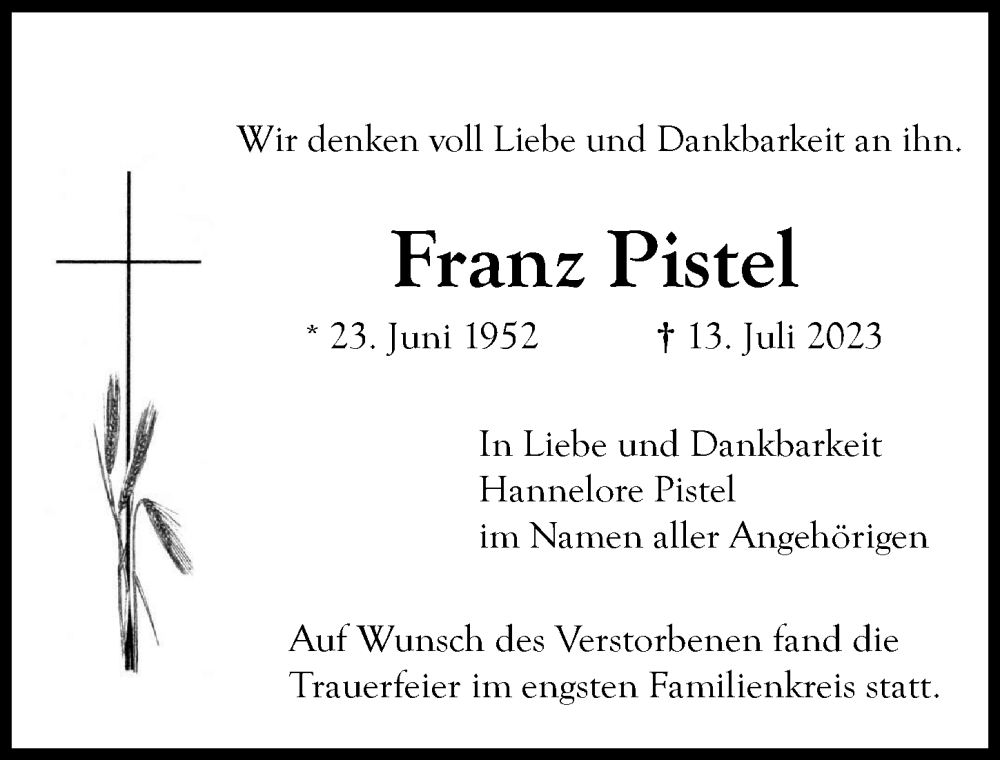 Traueranzeige von Franz Pistel von Illertisser Zeitung