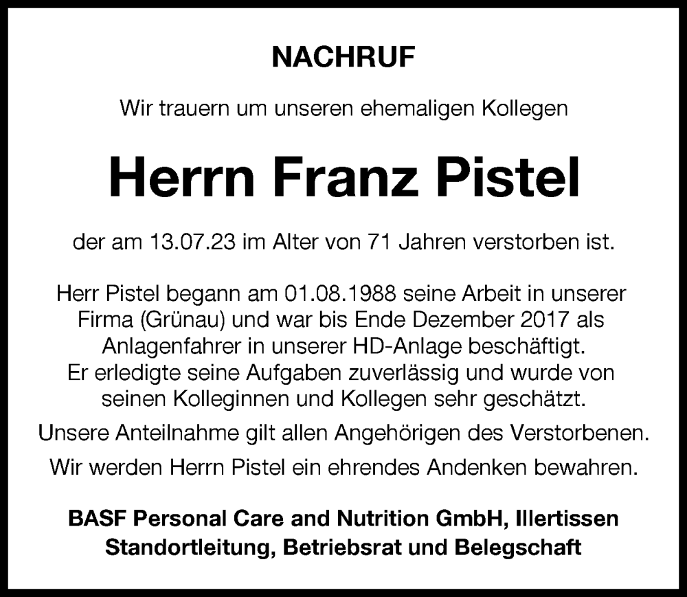 Traueranzeige von Franz Pistel von Illertisser Zeitung