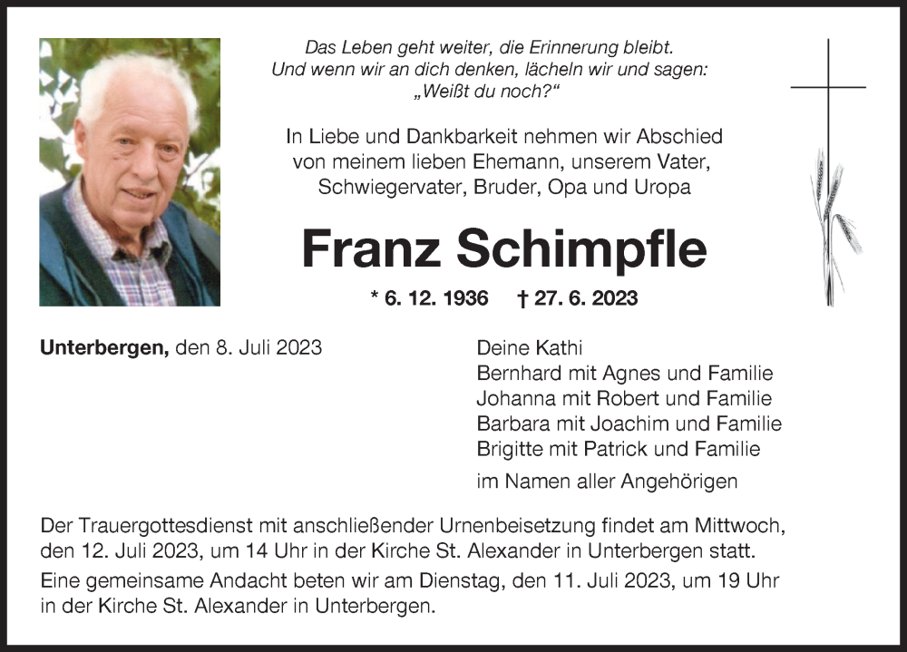 Traueranzeige von Franz Schimpfle von Augsburger Allgemeine