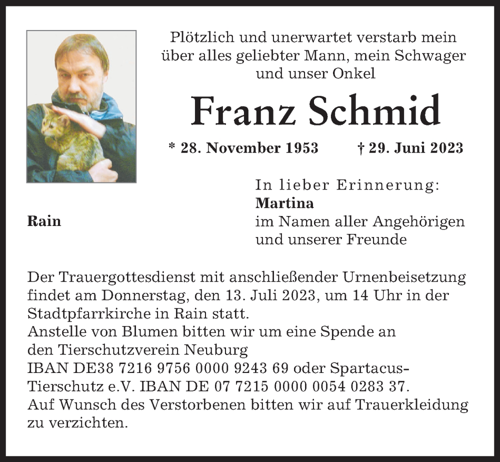 Traueranzeige von Franz Schmid von Neuburger Rundschau, Donauwörther Zeitung