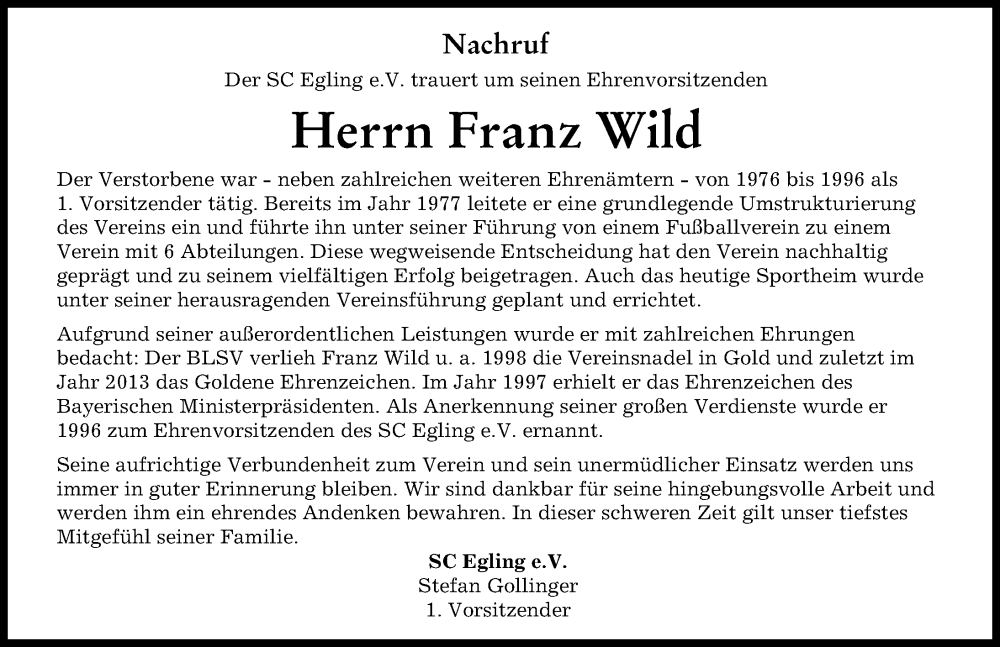 Traueranzeige von Franz Wild von Landsberger Tagblatt