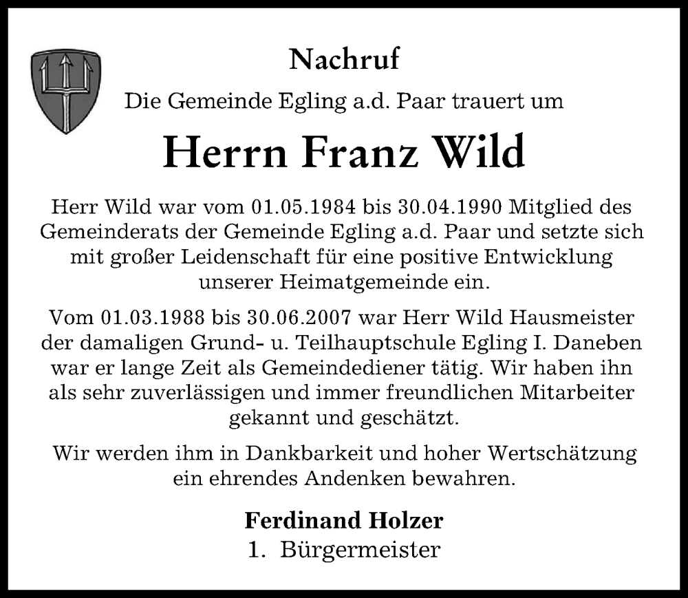 Traueranzeige von Franz Wild von Landsberger Tagblatt