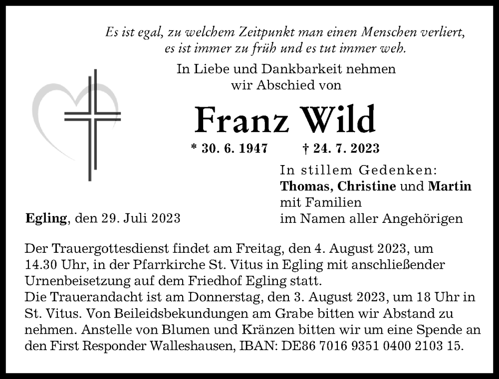 Traueranzeige von Franz Wild von Landsberger Tagblatt