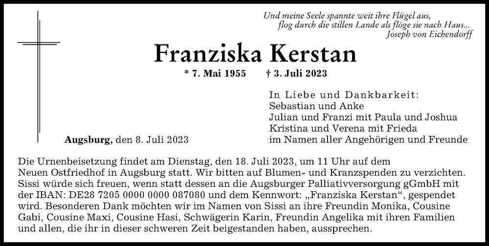 Traueranzeige von Franziska Kerstan von Augsburger Allgemeine