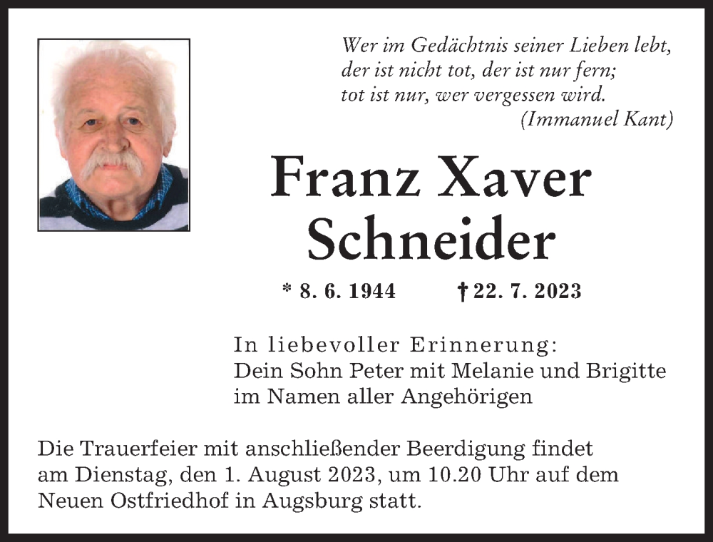 Traueranzeige von Franz Xaver Schneider von Augsburger Allgemeine