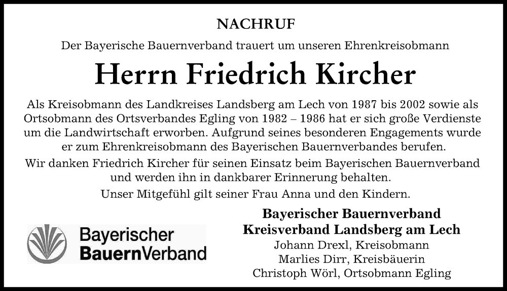 Traueranzeige von Friedrich Kircher von Landsberger Tagblatt