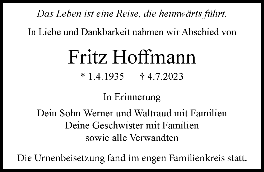 Traueranzeige von Fritz Hoffmann von Illertisser Zeitung, Neu-Ulmer Zeitung