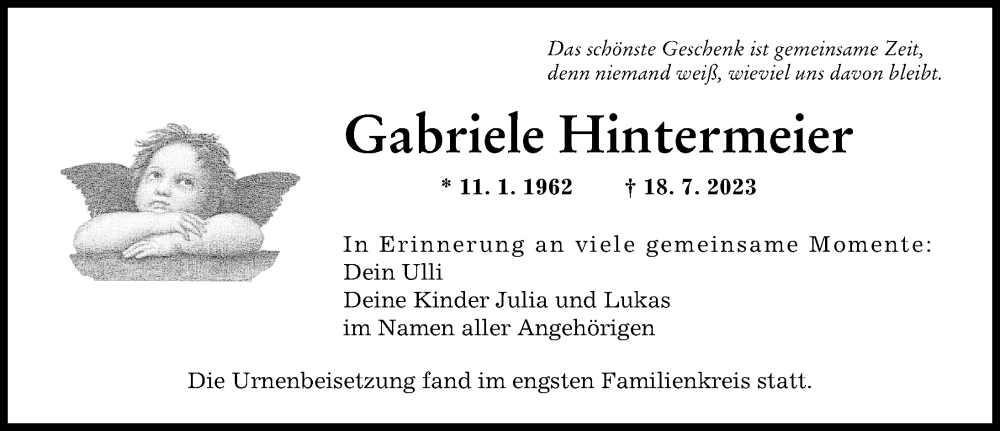 Traueranzeige von Gabriele Hintermeier von Augsburger Allgemeine