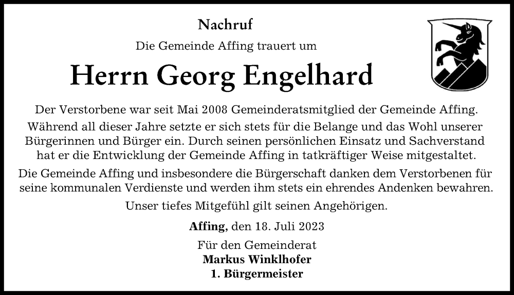 Traueranzeige von Georg Engelhard von Friedberger Allgemeine, Aichacher Nachrichten