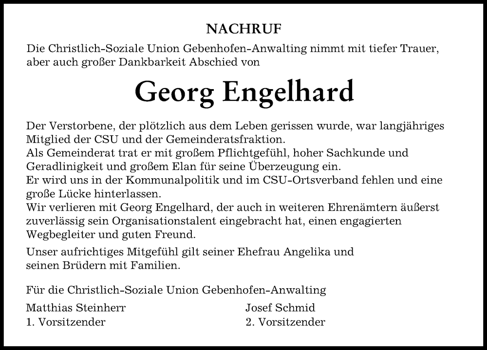 Traueranzeige von Georg Engelhard von Aichacher Nachrichten