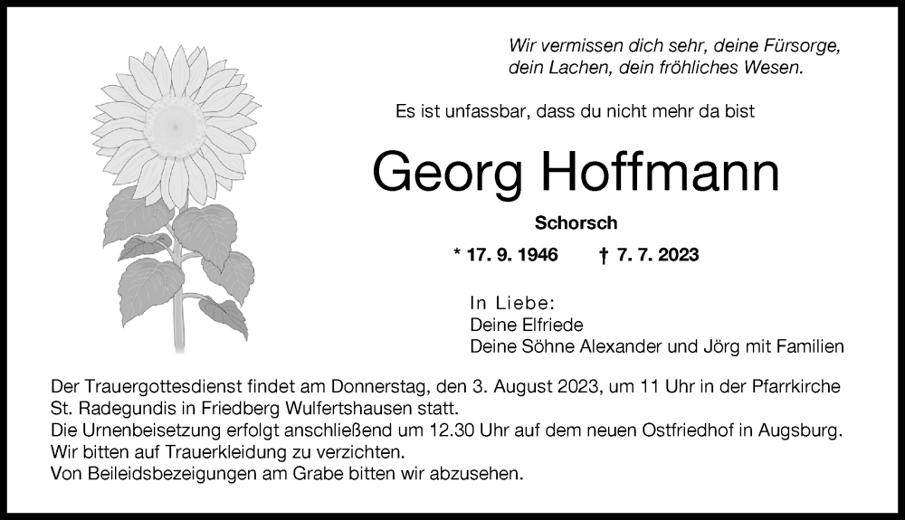 Traueranzeige von Georg Hoffmann von Friedberger Allgemeine, Augsburger Allgemeine