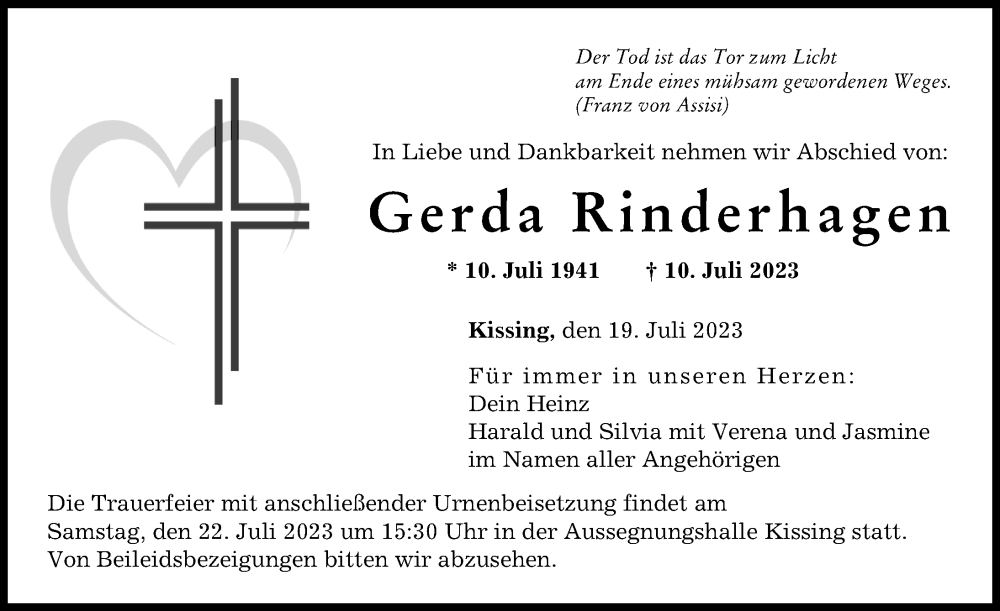 Traueranzeige von Gerda Rinderhagen von Friedberger Allgemeine