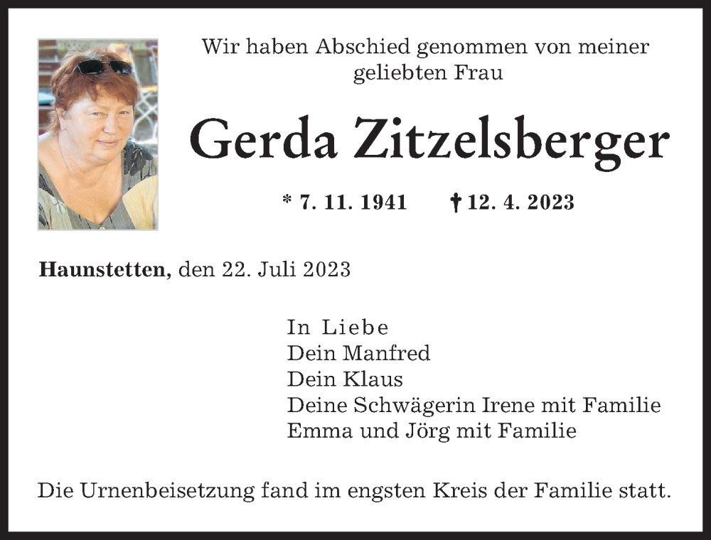 Traueranzeige von Gerda Zitzelsberger von Augsburger Allgemeine