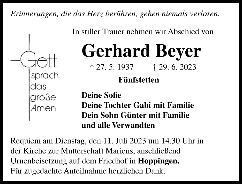 Traueranzeige von Gerhard Beyer von Donauwörther Zeitung