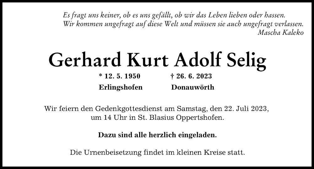 Traueranzeige von Gerhard Kurt Adolf Selig von Donau Zeitung, Donauwörther Zeitung