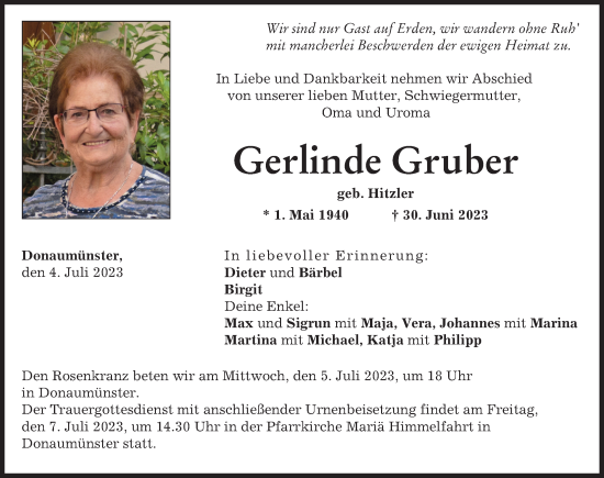 Traueranzeigen von Gerlinde Gruber | Augsburger Allgemeine Zeitung