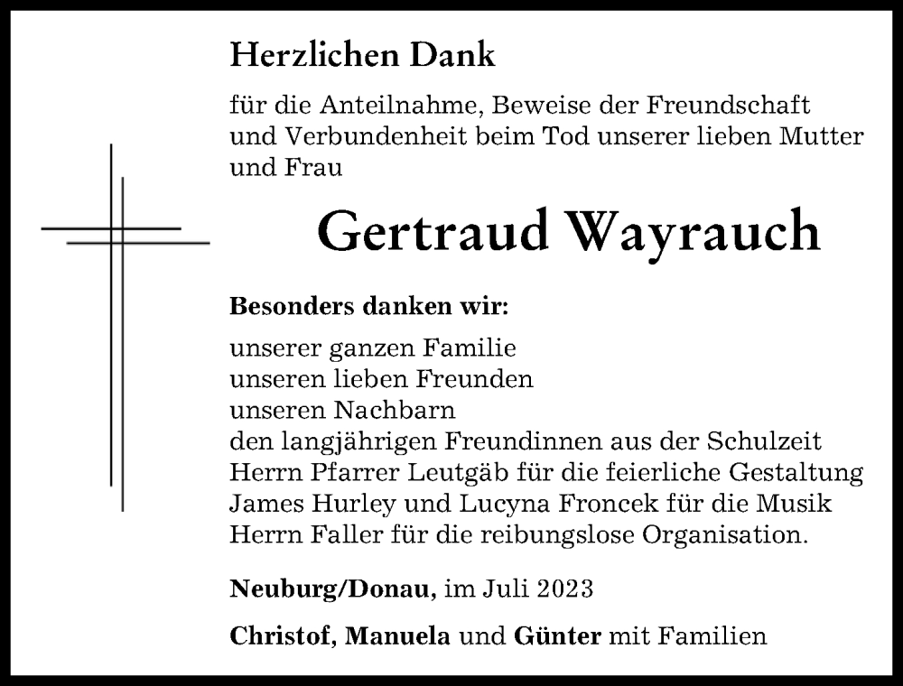  Traueranzeige für Gertraud Wayrauch vom 11.07.2023 aus Neuburger Rundschau