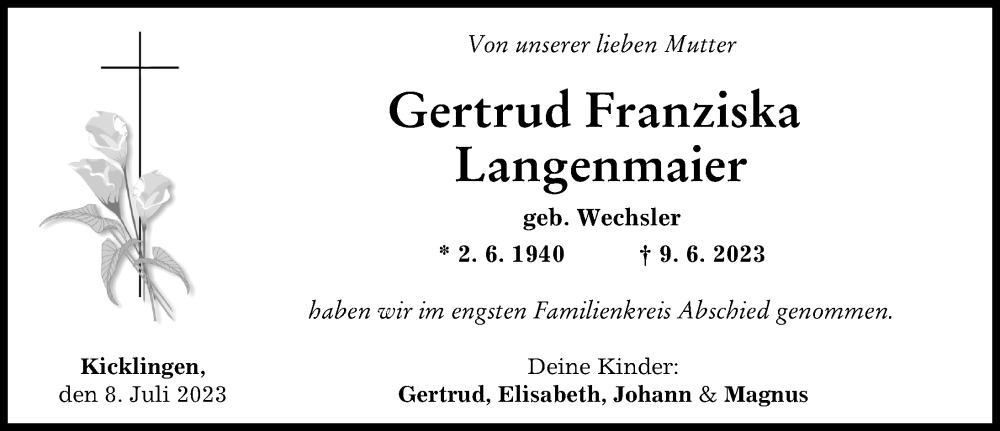 Traueranzeige von Gertrud Franziska Langenmaier von Donau Zeitung