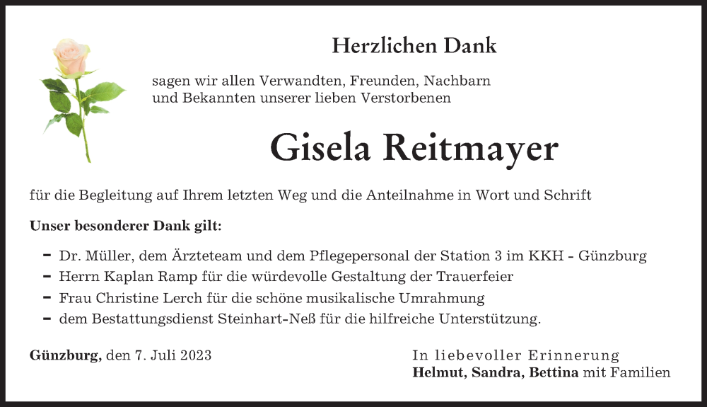 Traueranzeige von Gisela Reitmayer von Günzburger Zeitung