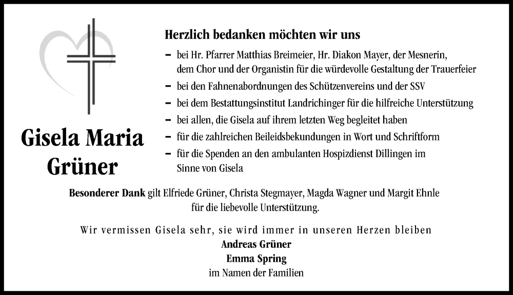 Traueranzeigen Von Gisela Maria Grüner Augsburger Allgemeine Zeitung
