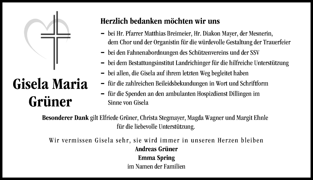 Traueranzeige von Gisela Maria Grüner von Donau Zeitung