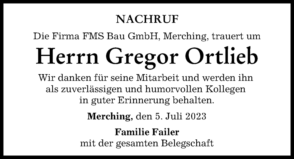 Traueranzeige von Gregor Ortlieb von Friedberger Allgemeine