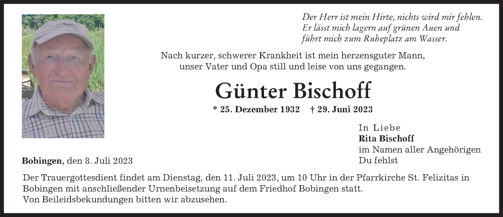 Traueranzeige von Günter Bischoff von Schwabmünchner Allgemeine