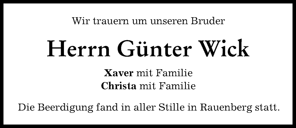 Traueranzeige von Günter Wick von Neuburger Rundschau