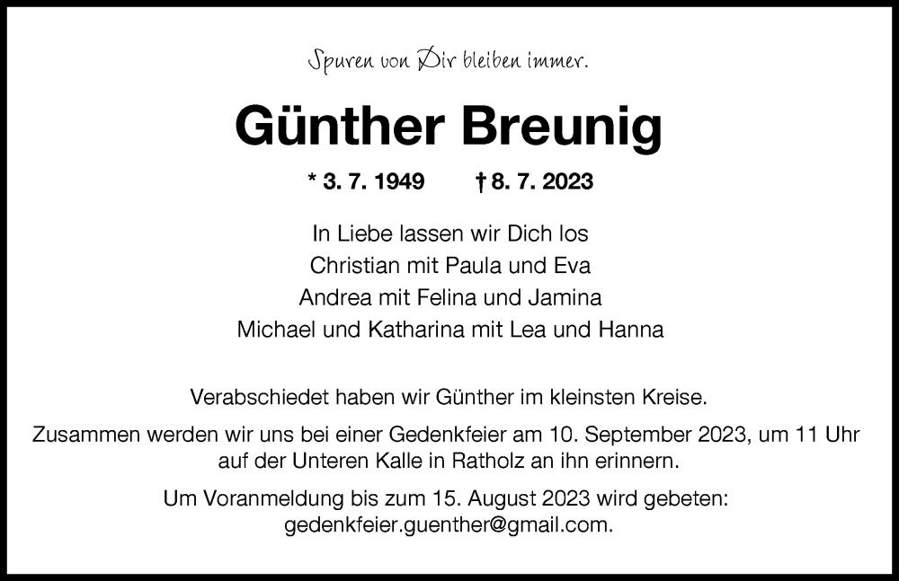 Traueranzeige von Günther Breunig von Augsburger Allgemeine