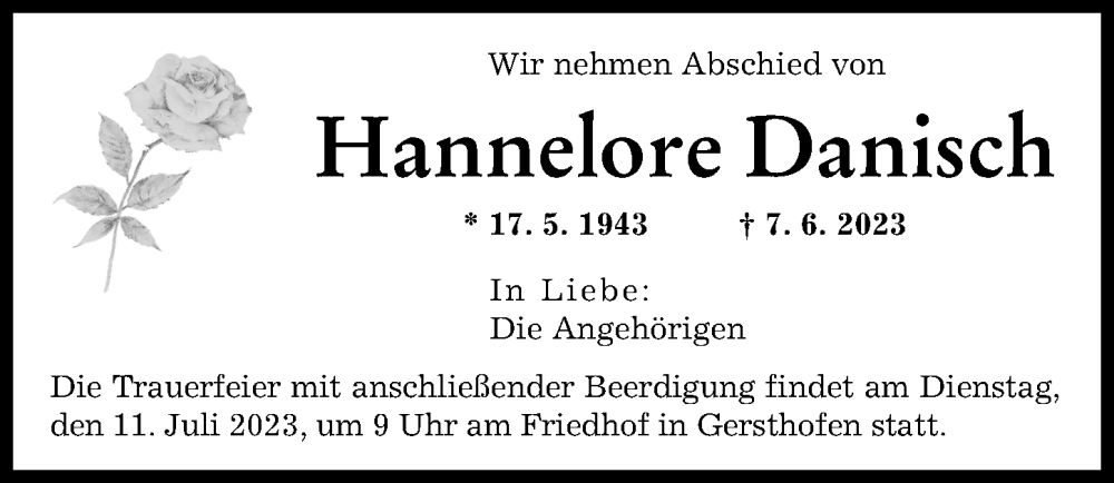 Traueranzeige von Hannelore Danisch von Augsburger Allgemeine