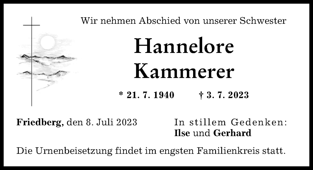 Traueranzeige von Hannelore Kammerer von Friedberger Allgemeine