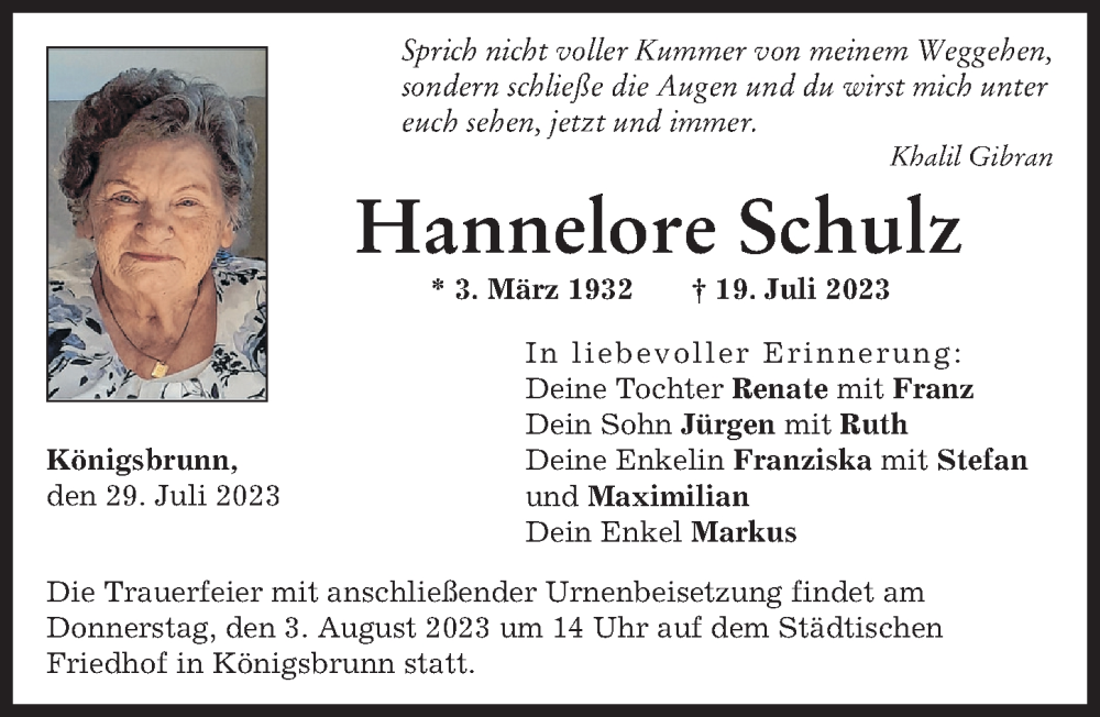 Traueranzeige von Hannelore Schulz von Schwabmünchner Allgemeine