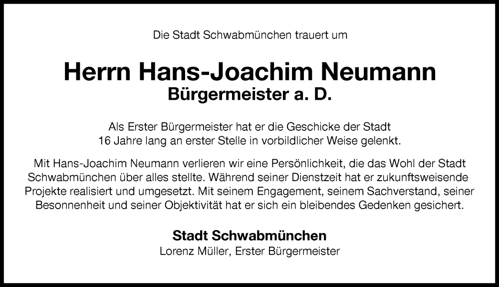 Traueranzeige von Hans-Joachim Neumann von Schwabmünchner Allgemeine