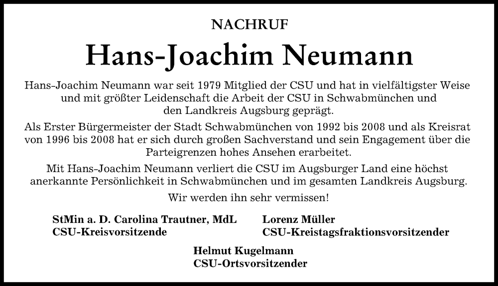 Traueranzeige von Hans-Joachim Neumann von Schwabmünchner Allgemeine