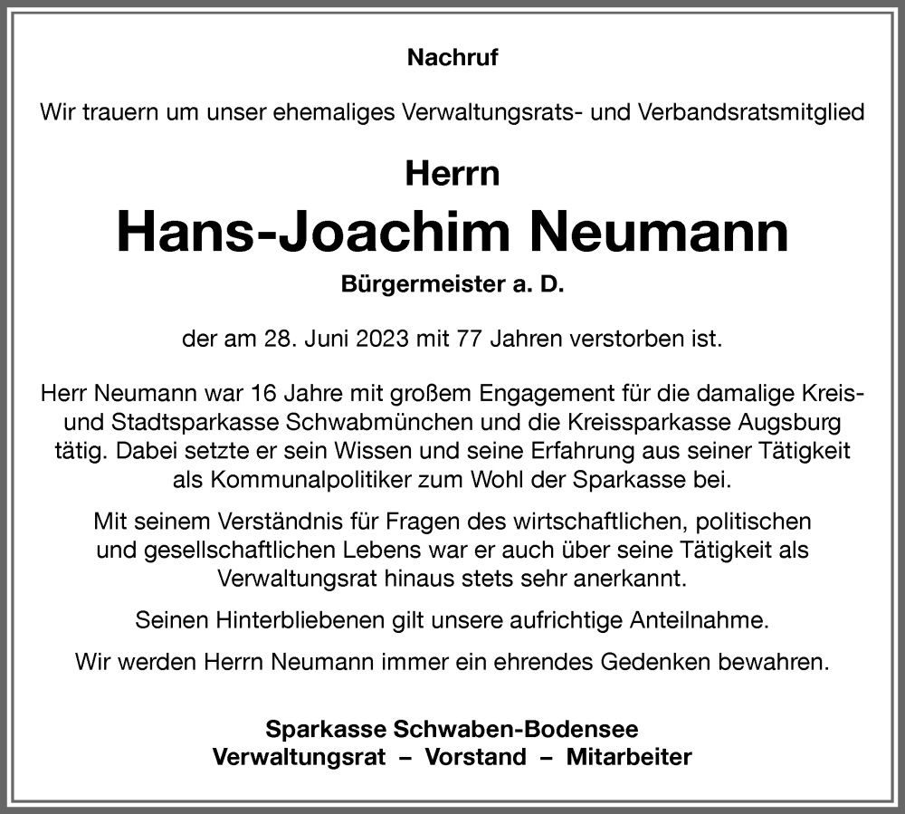 Traueranzeige von Hans-Joachim Neumann von Augsburger Allgemeine