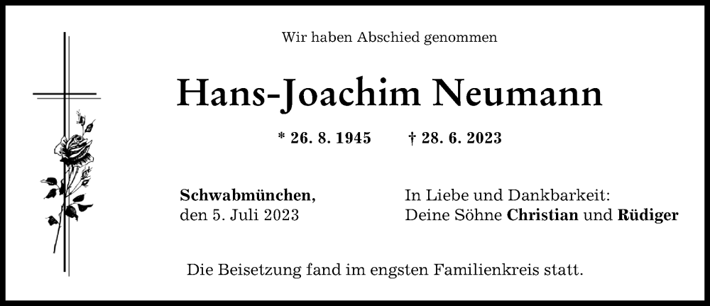 Traueranzeige von Hans-Joachim Neumann von Schwabmünchner Allgemeine