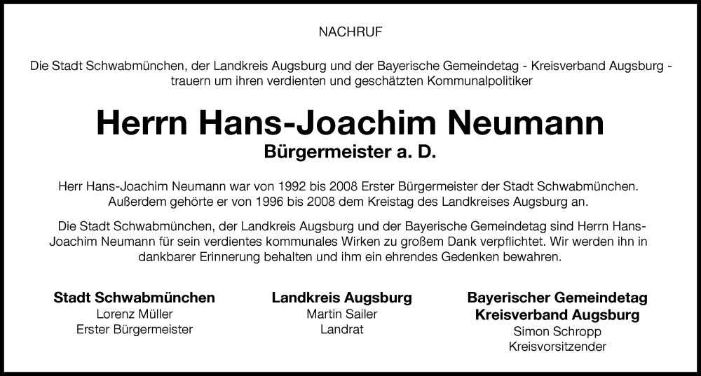 Traueranzeige von Hans-Joachim Neumann von Augsburger Allgemeine