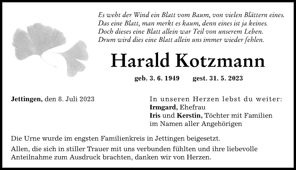 Traueranzeige von Harald Kotzmann von Günzburger Zeitung