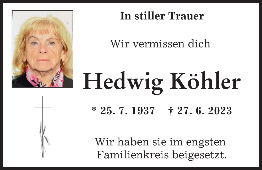 Traueranzeige von Hedwig Köhler von Augsburger Allgemeine