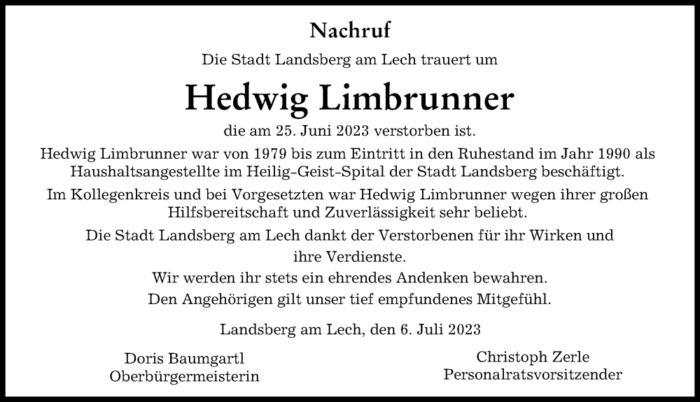 Traueranzeige von Hedwig Limbrunner von Landsberger Tagblatt