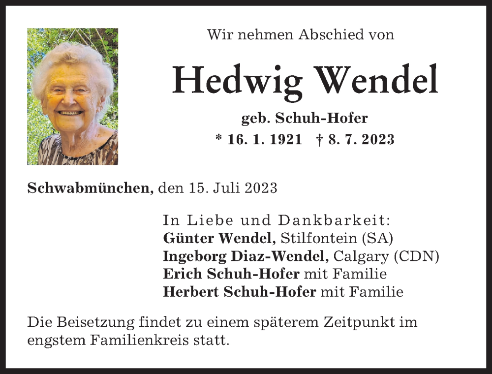 Traueranzeige von Hedwig Wendel von Schwabmünchner Allgemeine