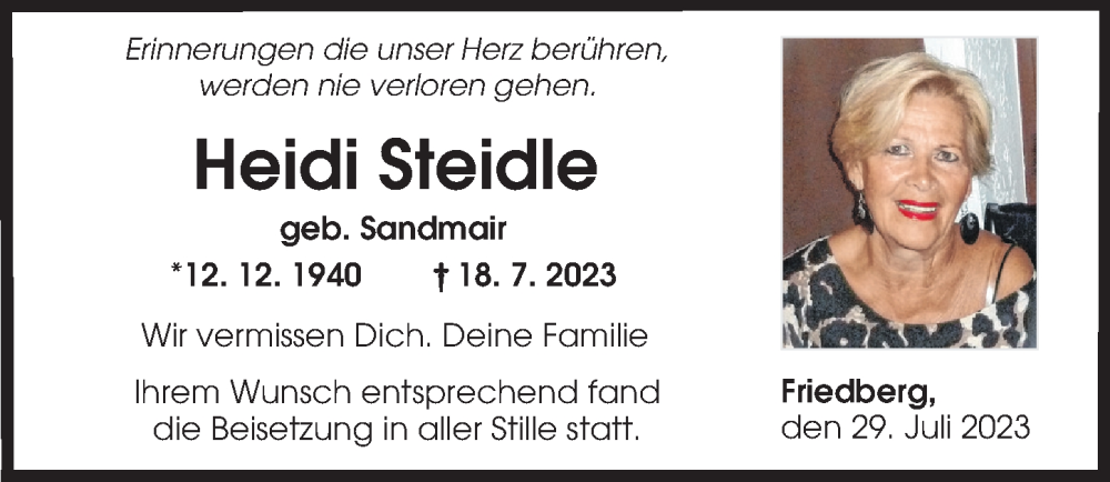 Traueranzeige von Heidi Steidle von Augsburger Allgemeine