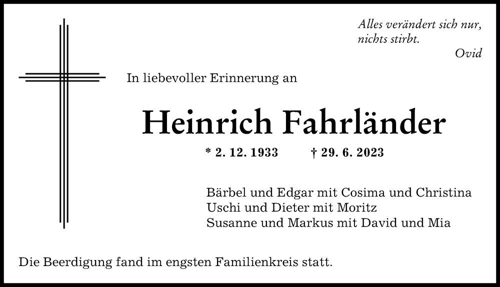 Traueranzeige von Heinrich Fahrländer von Augsburger Allgemeine